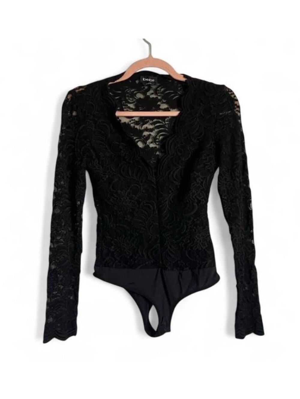 bebe Women's Black Long Sleeve V-Neck Lace Bodysuit XS Stretch Sheer